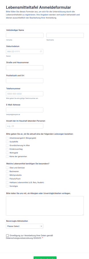 Lebensmitteltafel Anmeldeformular