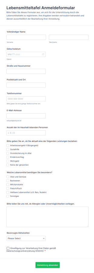 Lebensmitteltafel Anmeldeformular