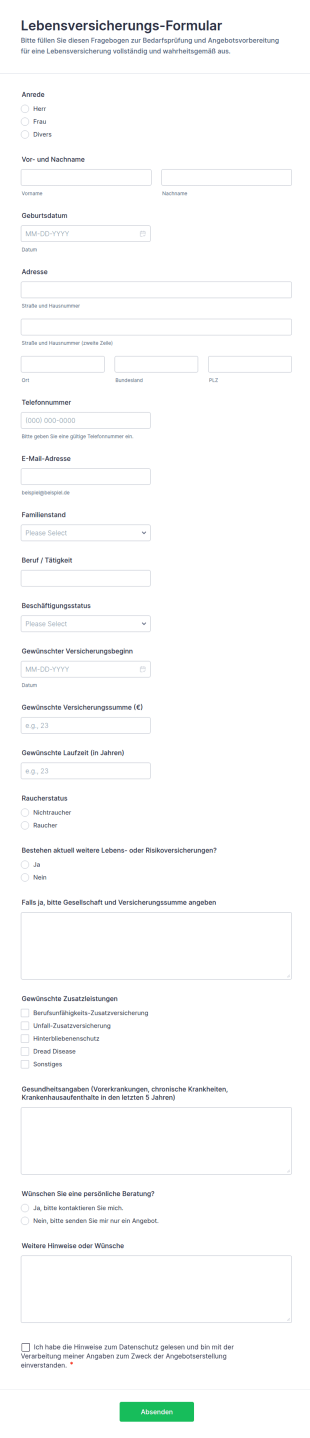 Lebensversicherungs Anfrageformular