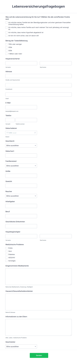 Lebensversicherungsfragebogen Form Template