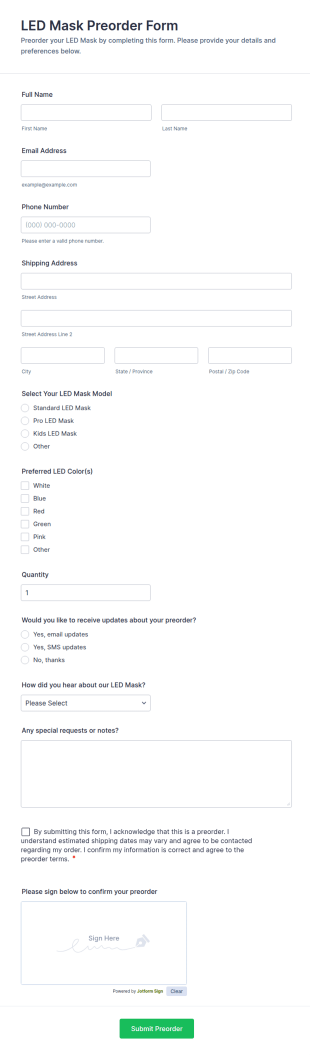LED Mask Preorder Form Template