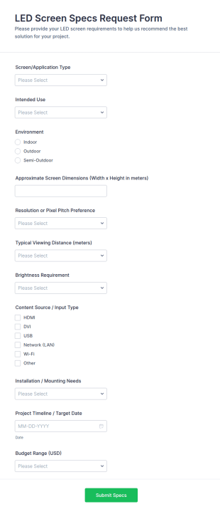 LED Screen Specs Request Form Template