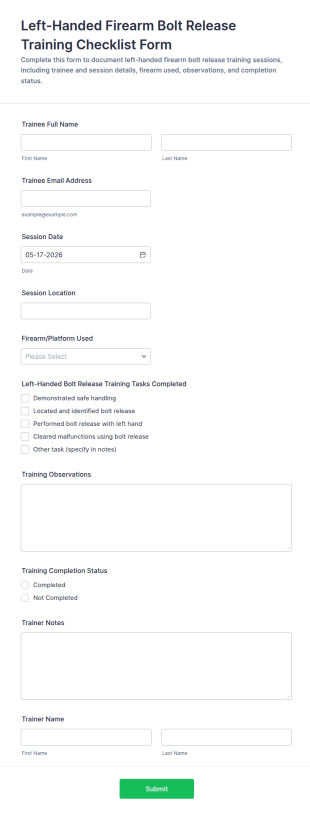 Left Handed Firearm Bolt Release Training Checklist Form Template