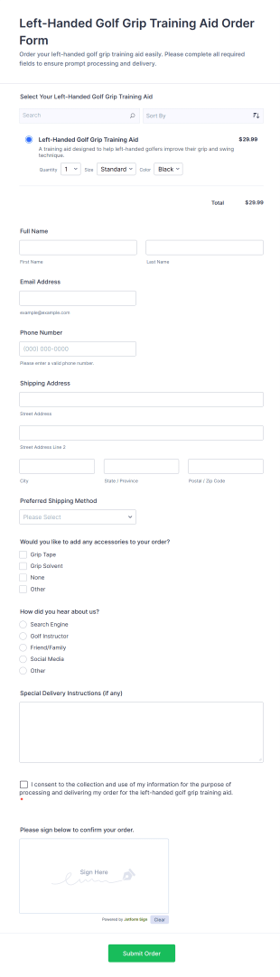 Left Handed Golf Grip Training Aid Order Form Template