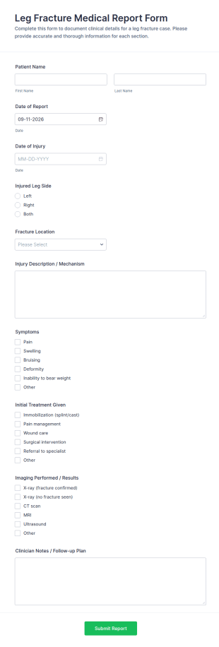 Leg Fracture Medical Report Form Template