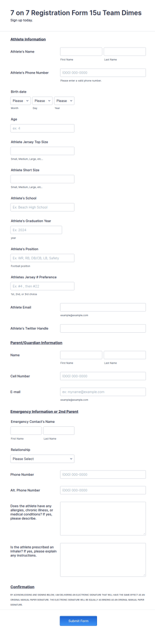 Legacy 7 On 7 15u Registration Form Template
