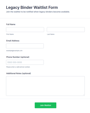 Legacy Binder Waitlist Form Template