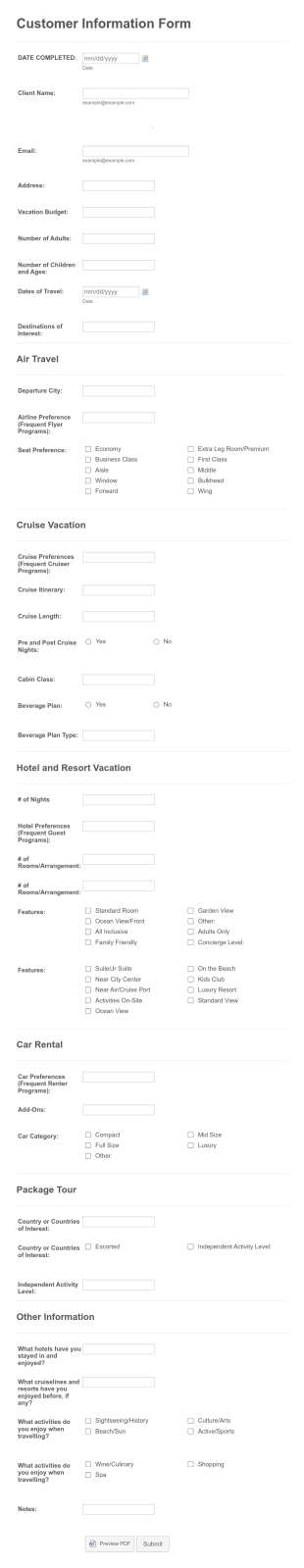 Travel Company Customer Information Form Template