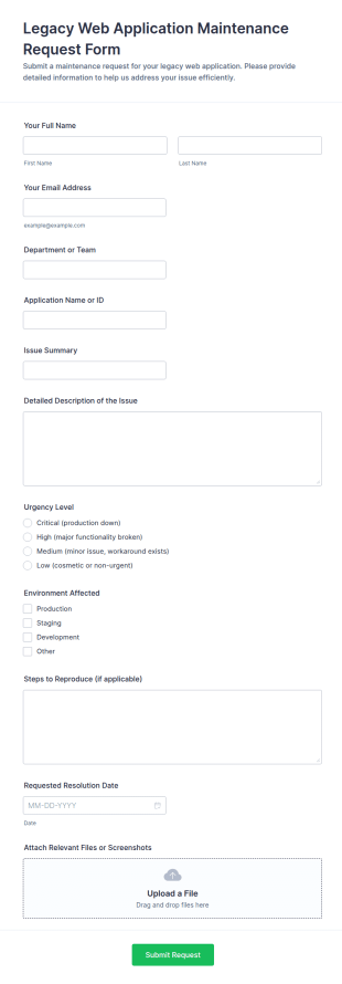 Legacy Web Application Maintenance Request Form Template