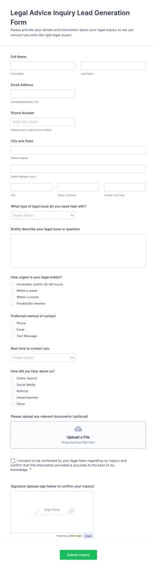 Legal Advice Inquiry Lead Generation Form Template