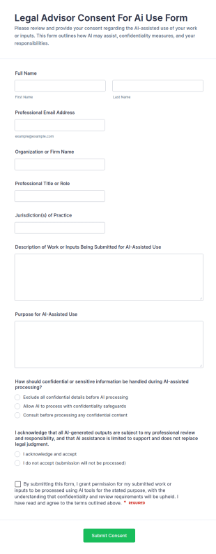 Legal Advisor Consent For AI Use Form Template