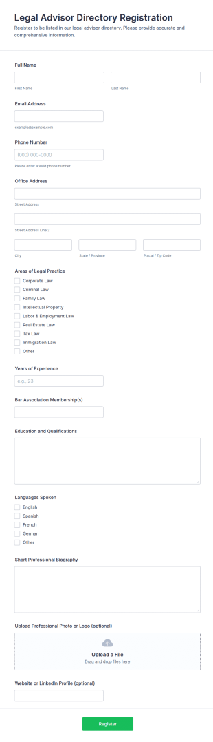 Legal Advisor Directory Registration Form Template