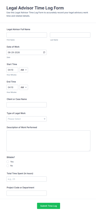Legal Advisor Time Log Form Template