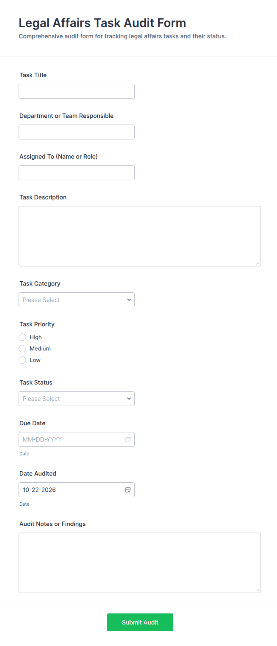 Legal Affairs Task Audit Form Template | Jotform