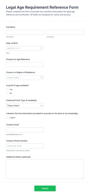 Legal Age Requirement Reference Form Template