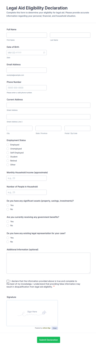 Legal Aid Eligibility Declaration Form Template