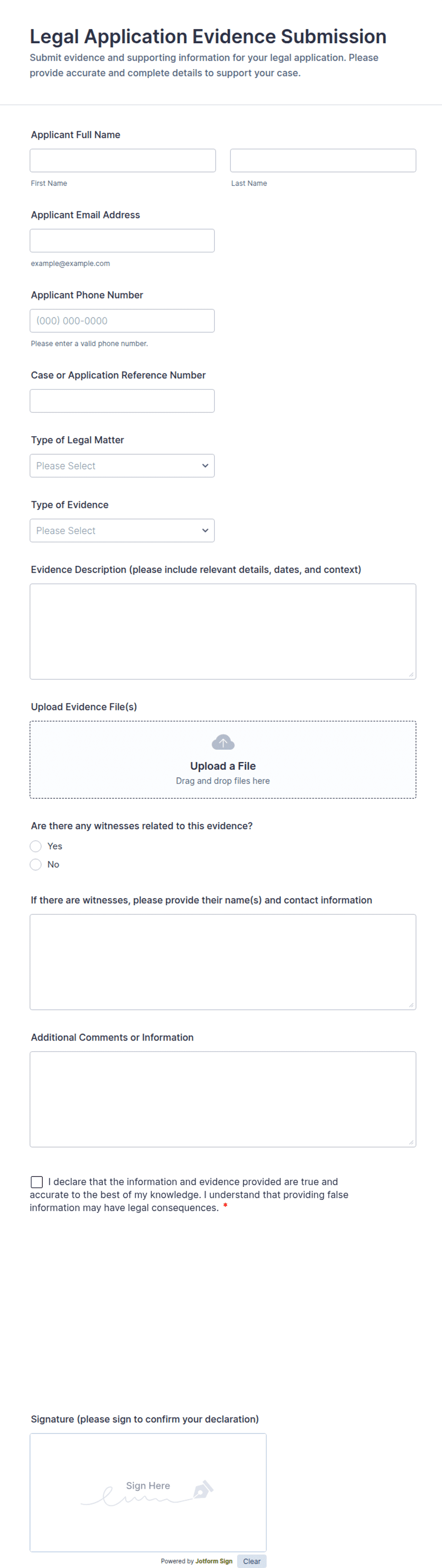 Legal Application Evidence Submission Form Template | Jotform