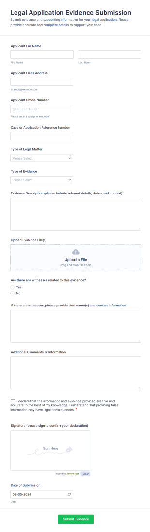 Legal Application Evidence Submission Form Template