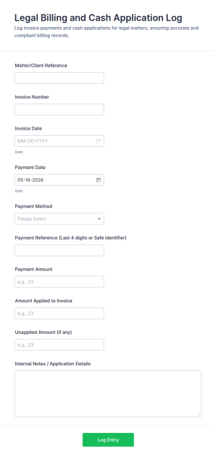 Legal Billing And Cash Application Log Form Template