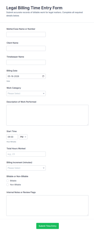 Legal Billing Time Entry Form Template