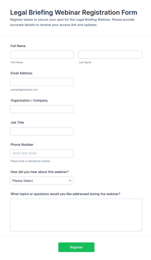 Legal Briefing Webinar Registration Form Template
