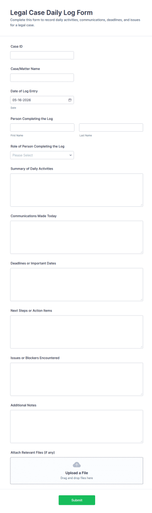 Legal Case Daily Log Form Template