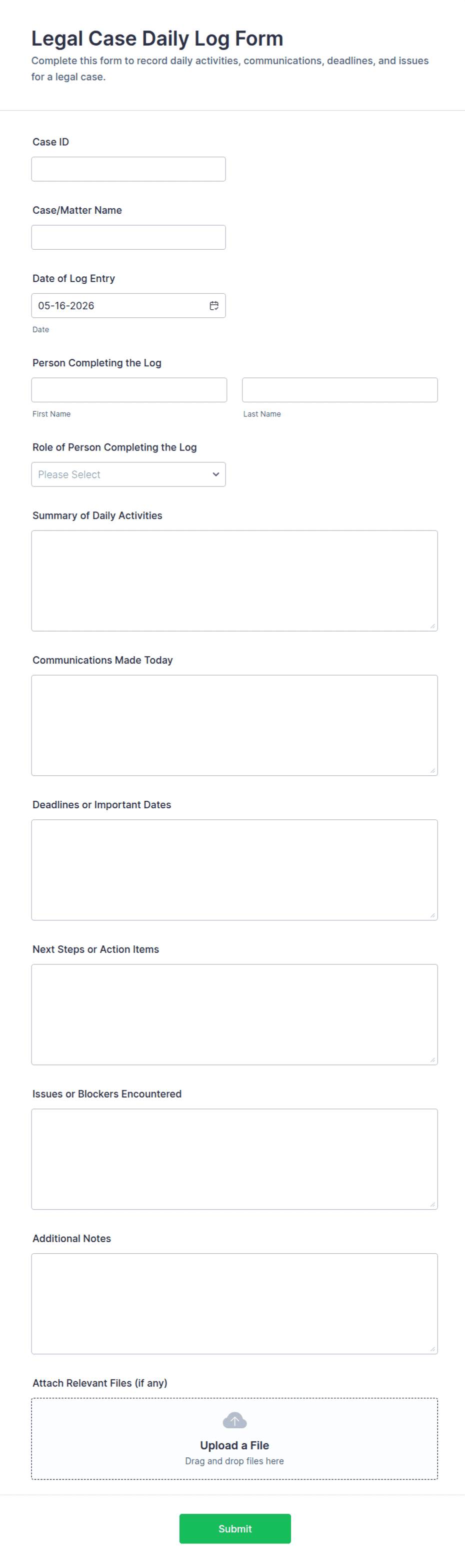 Litigation Log Example Legal Case Daily Log Form Template | Jotform
