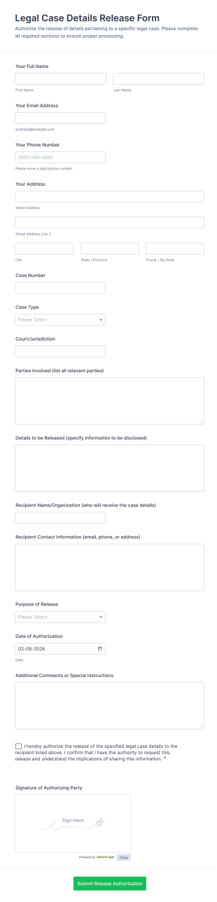 Legal Case Details Release Form Template