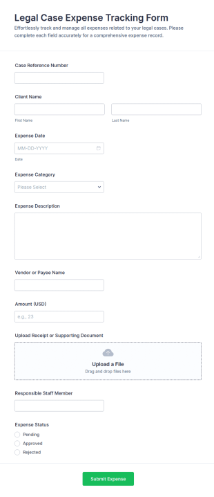 Legal Case Expense Tracking Form Template