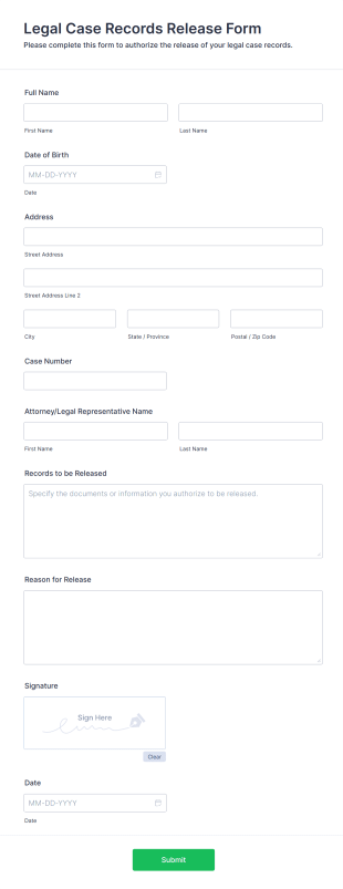 Legal Case Records Release Form Form Template