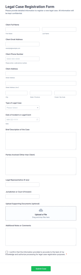 Legal Case Registration Form Template