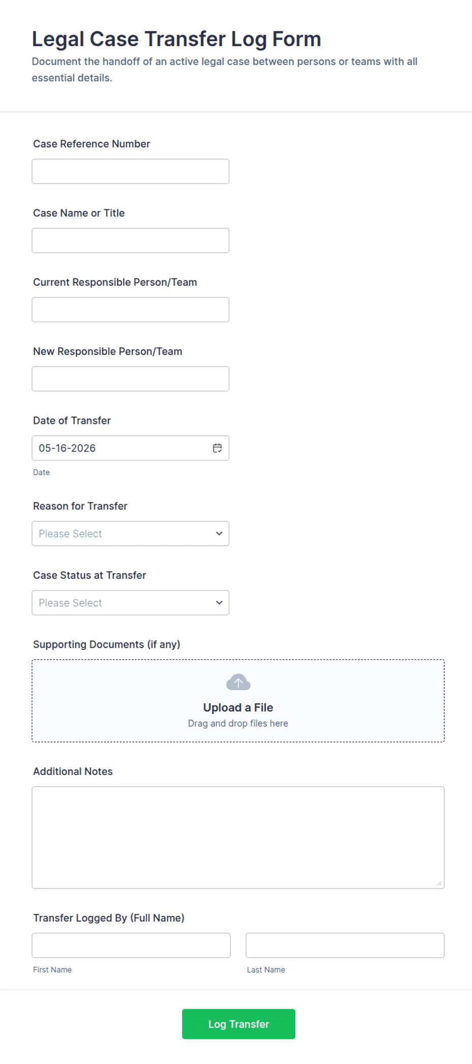 Legal Case Transfer Log Form Template | Jotform