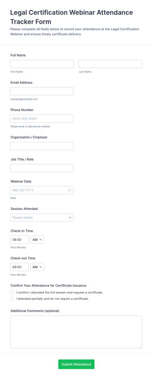 Legal Certification Webinar Attendance Tracker Form Template