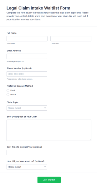 Legal Claim Intake Waitlist Form Template