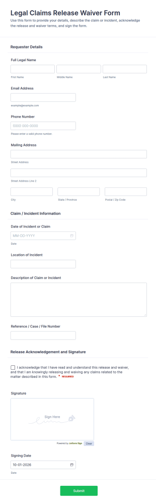 Legal Claims Release Waiver Form Template