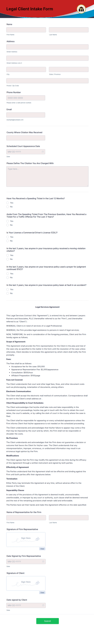 Legal Client Intake Form Template