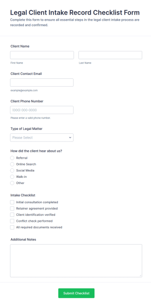 Legal Client Intake Record Checklist Form Template