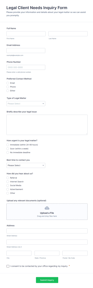 Legal Client Needs Inquiry Form Template