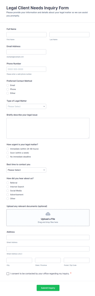 Legal Client Needs Inquiry Form Template