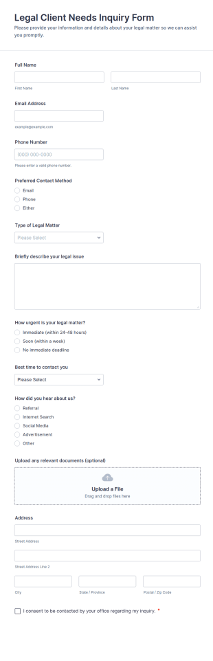 Legal Client Needs Inquiry Form Template