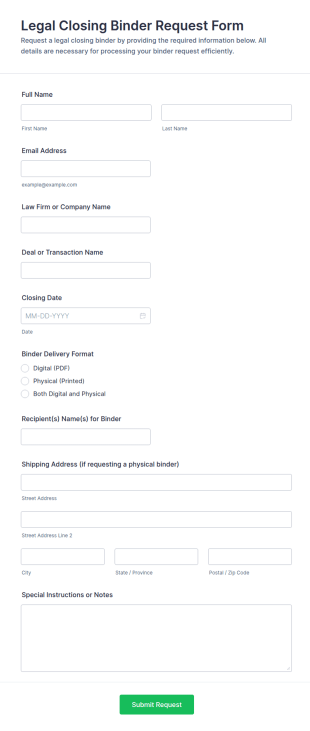 Legal Closing Binder Request Form Template