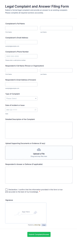 Legal Complaint And Answer Filing Form Template
