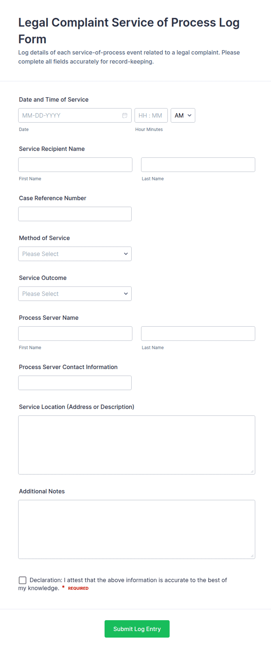 Legal Complaint Service of Process Log Form Template | Jotform