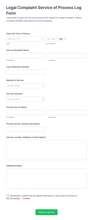 Legal Complaint Service Of Process Log Form Template