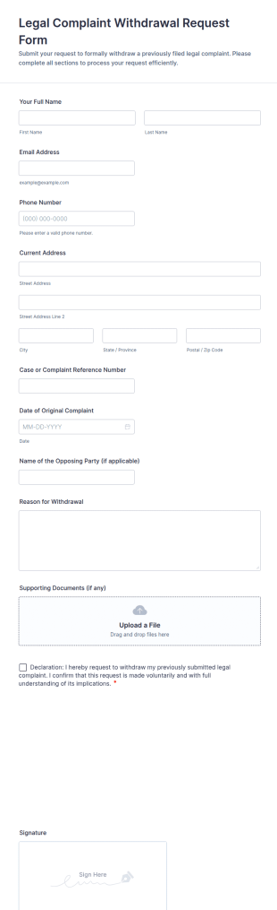 Legal Complaint Withdrawal Request Form Template