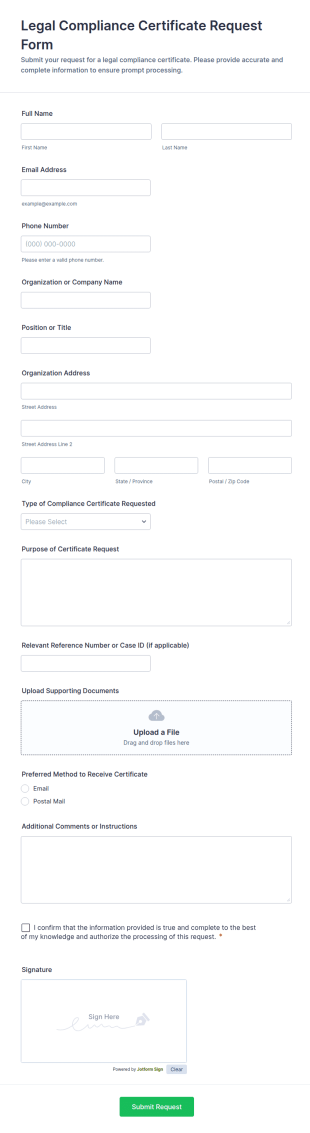 Legal Compliance Certificate Request Form Template