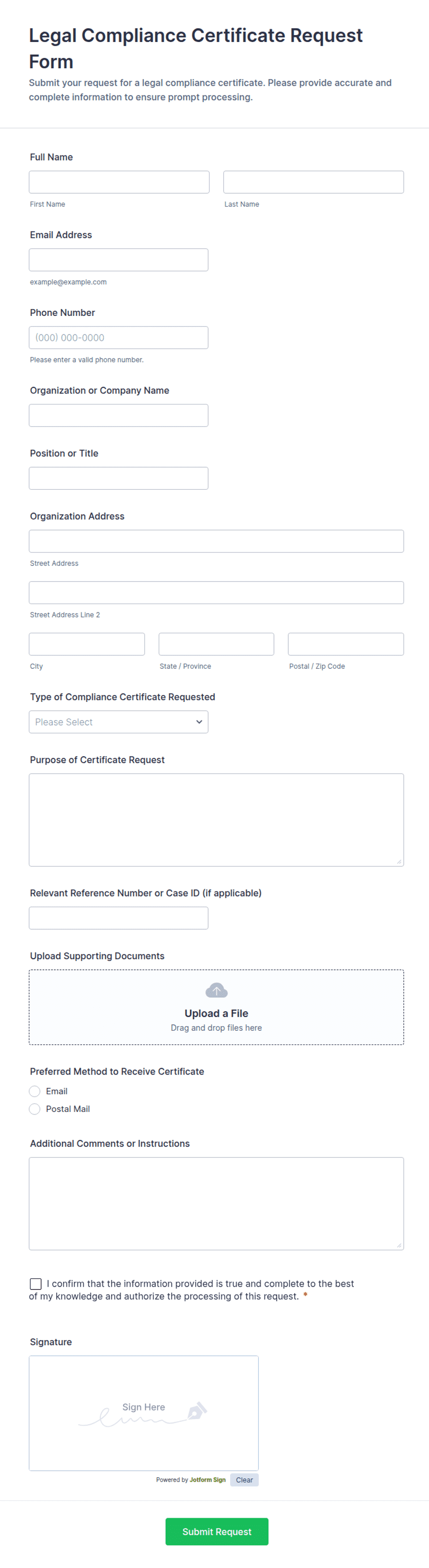 Cert Request Form Example Legal Compliance Certificate Request Form Template | Jotform