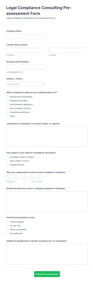 Legal Compliance Consulting Pre Assessment Form Template