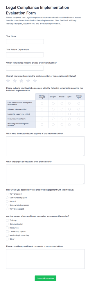 Legal Compliance Implementation Evaluation Form Template