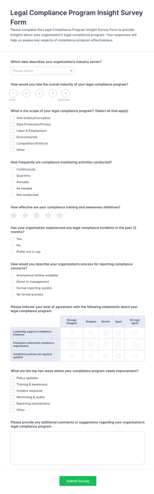Legal Compliance Program Insight Survey Form Template